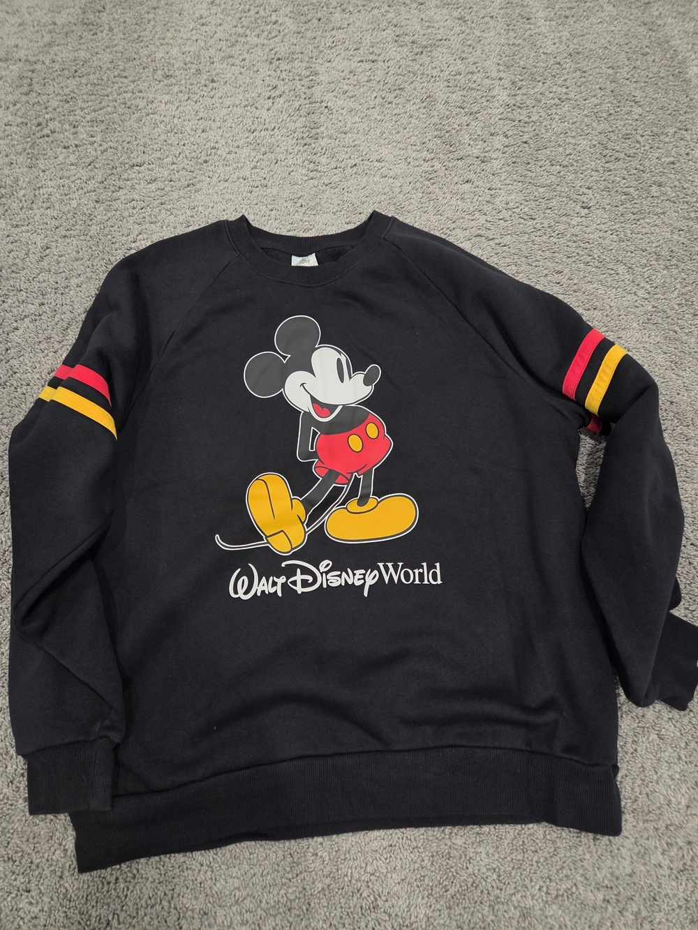 Disney Black Crewneck Sweatshirt with Mickey Graphic and Red Yellow Stripes